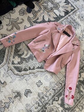 Embroidered Pink Moto Jacket - Women’s Floral Faux Leather Coat